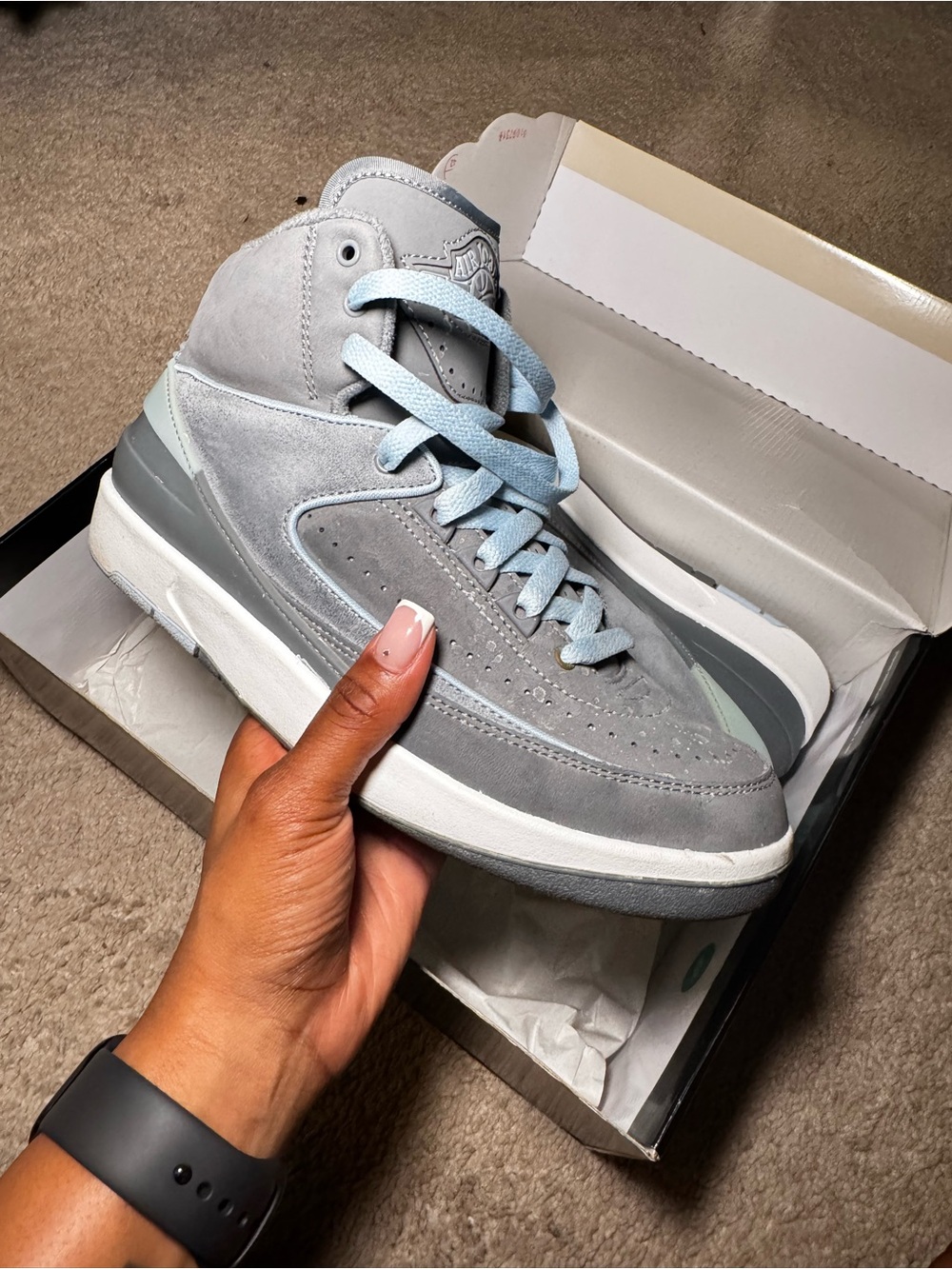 Jordan Women's Grey Suede High-Top Sneakers with Light Blue Laces